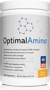 OptimalAmino Amino Acid Powder | 99% Utilized Essential Amino Acid EAA Supplement | Pre/Post Workout & Muscle Recovery | NSF for Sport Certified | Passion Mango Flavor