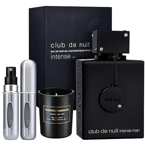 Perfume para hombres intenso 6.8 oz EDP Spray - Paquete de regalo con vela de soja perfumada y atomizador de perfume de viaje vacío