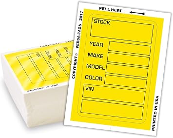 Versa-Tags Yellow Car Dealer Stock Stickers, 100 Pack 3 x 4