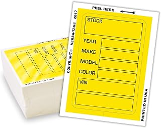 Versa-Tags Car Dealer Stock Stickers Improved Design 100 Yellow Inventory Window Stickers Car Dealer Window Stickers Kleer-bak Windshield Stickers Printed in The USA 3'' x 4"