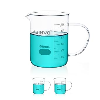 Glass Beaker with Handle, Vol. 600ml, 3.3 Borosilicate Griffin Low Form with Printed Graduation,Pack of 2,IN-BKLH600A