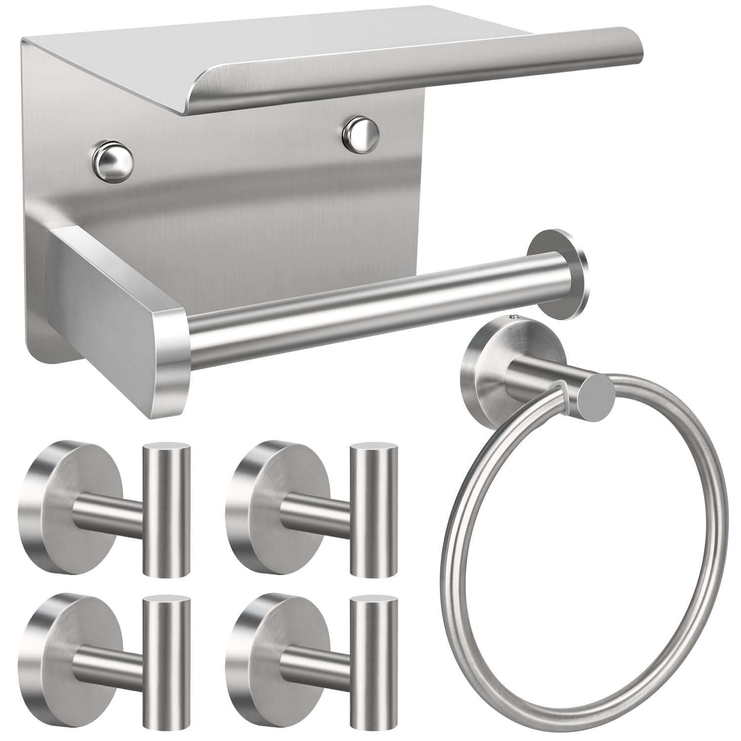 1pcs Toilet Paper Holder with Shelf, 1pcs Towel Ring and 4pcs Towel Hooks, Brushed Nickel Stainless Steel Bathroom Hardware Set
