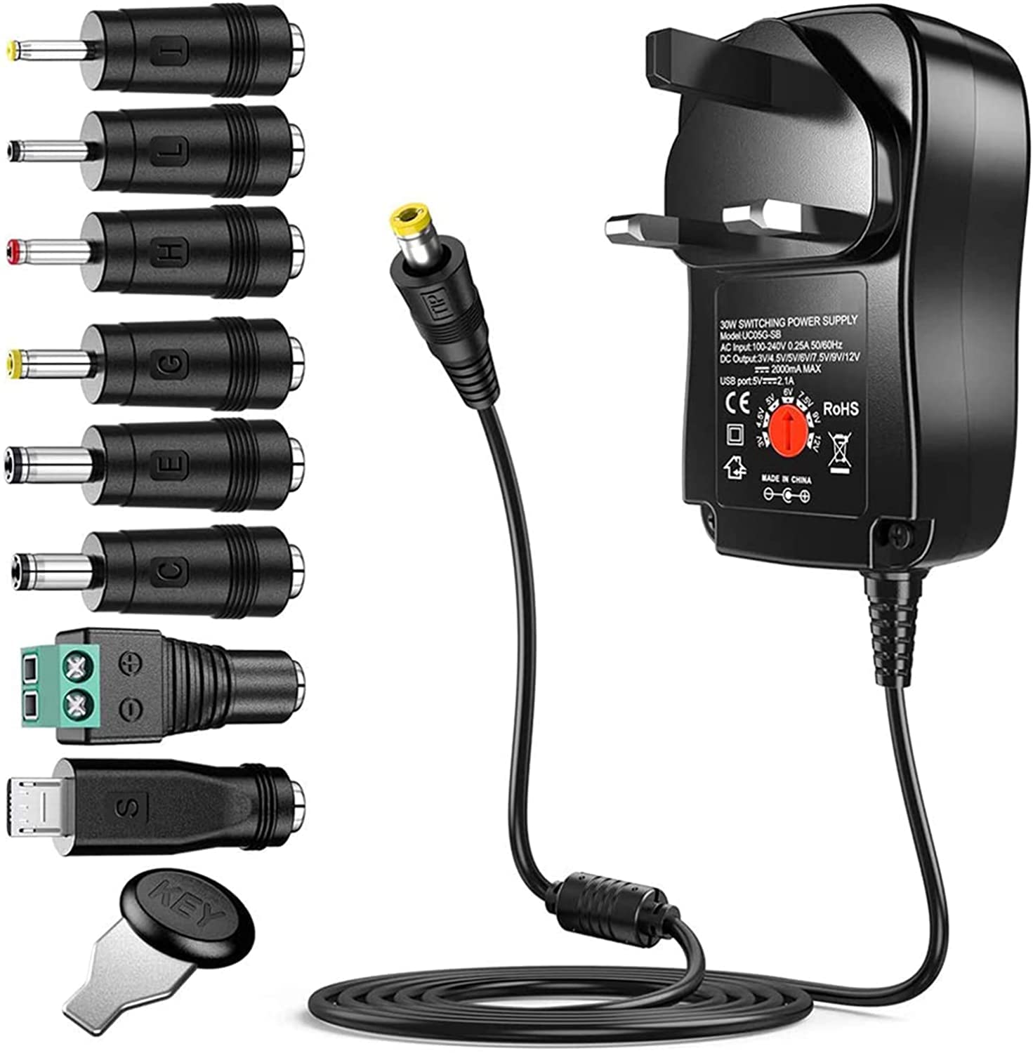 KRCIQMV 30W Universal AC/DC Adapter Switching Power Supply with 8 Selectable Adapter Plugs，for 3V 4.5V 5V 6V 7.5V 9V 12V Household Electronics and LED Strip