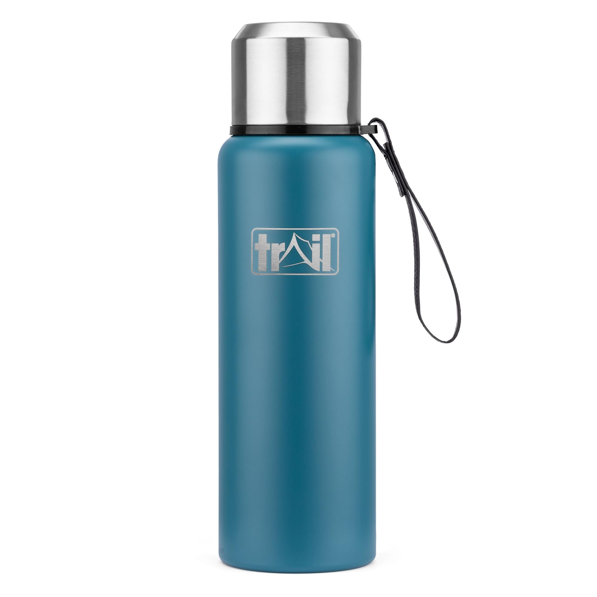 Trail Vacuum Flask with Strap 1000ml, Stainless Steel Thermal Flask for Camping, Hiking & Travel, Keeps Drinks Hot 12hrs / Cold 24hrs, Double Walled, Leak-Proof, Twist-&-Pour Stopper, Lid Cup (Teal)