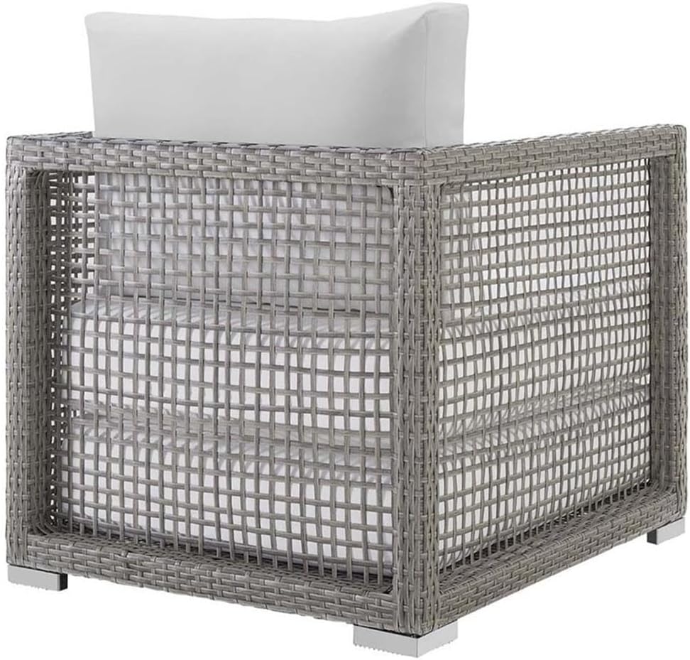 Pemberly Row 15.5" Outdoor Patio Armchair, Rattan & Fabric, Gray/White Finish, Powder-Coated Aluminum Frame, All-Weather Cushions, UV & Water Resistant, Anti-Skid Feet, Backyard or Poolside Seating