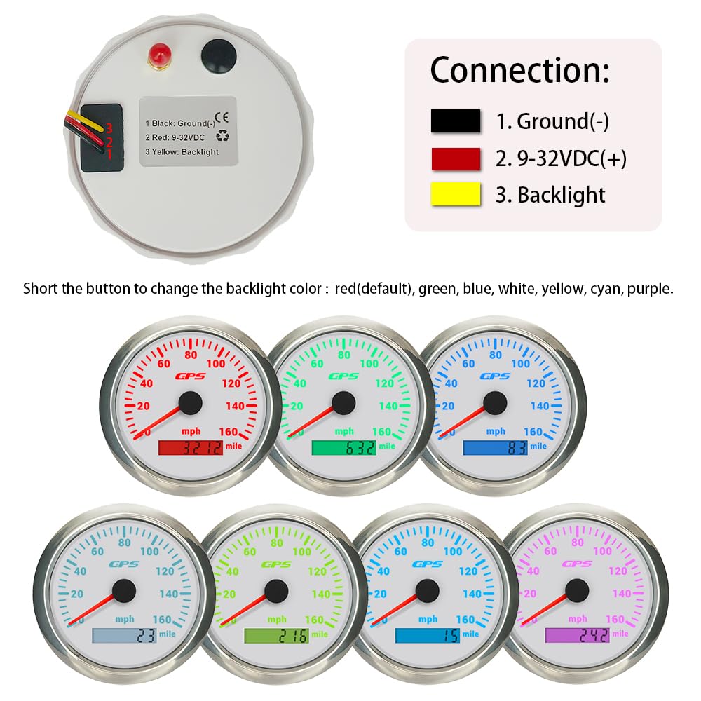 85mm Marine GPS Speedometer 30MPH Speed Gauge Odometer with 7 Backlights for Boat Truck 9-32VDC Waterproof Type (Black&Black, 0-30 MPH)