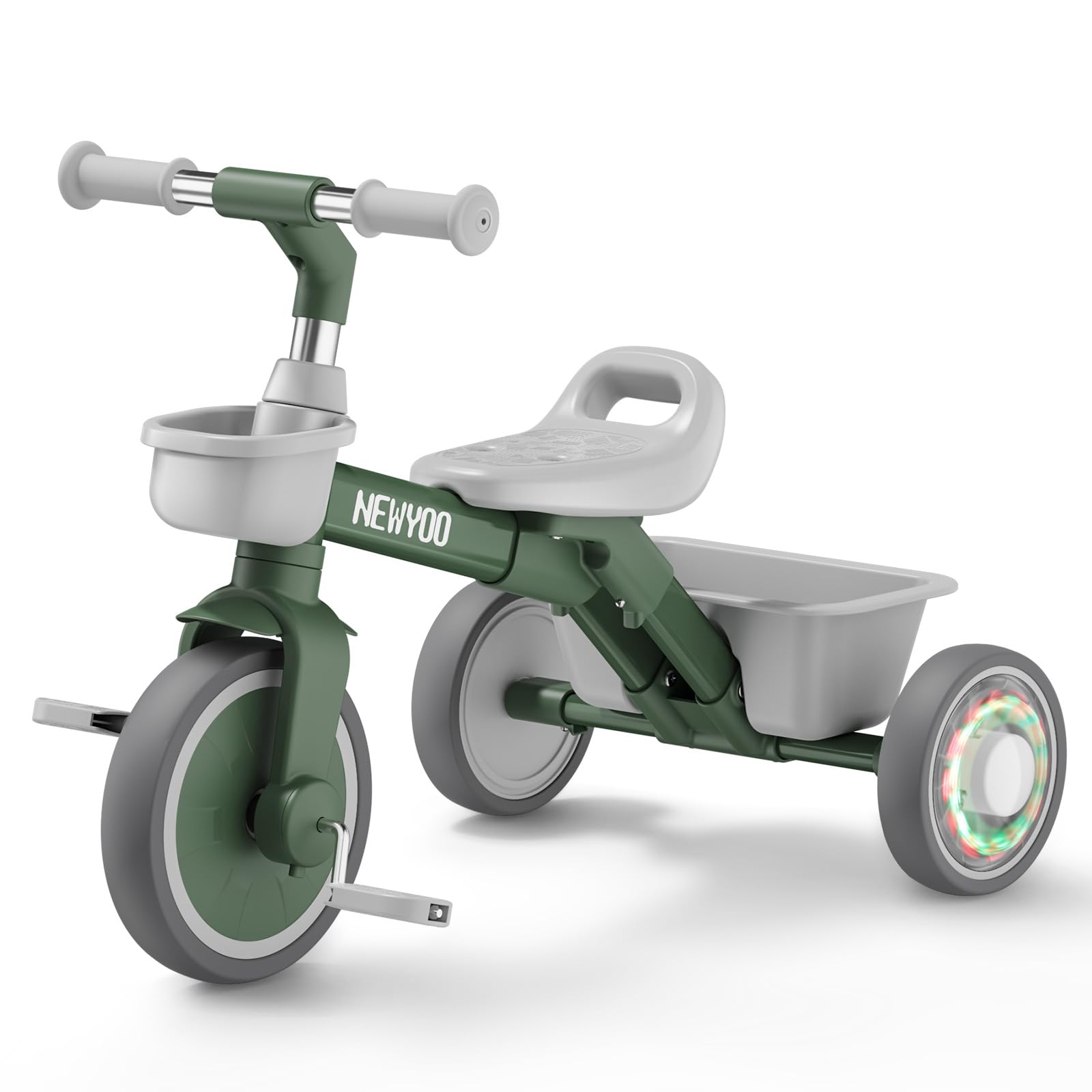 newyoo Tricycle for Toddlers 2-5, Kids Trike, Birthday Gift, TS901 | Outdoor Riding Toy and Toddler Bike for Boys & Girls with Light-Up Wheels, Adjustable Seat and Handlebar, 2 Baskets, Green
