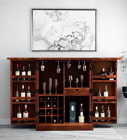 WeeHom Furniture Sheesham Wood Bar Cabinet with Door Storage for Home Living Room Wooden Wine Rack Bar Counter (Honey Finish)