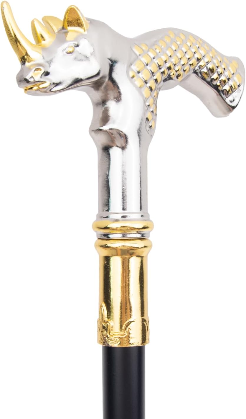 Golden White Rhinoceros Head Fashion Walking Stick Decorative Stick Cospaly Vintage Party Fashionable Walking Cane Crosier 91cm