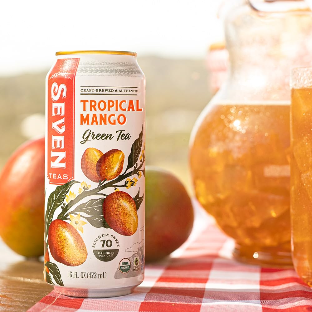 SevenTeas Tropical Mango Green Tea, 16 OZ (Pack of 12 Cans), Organic Iced Tea