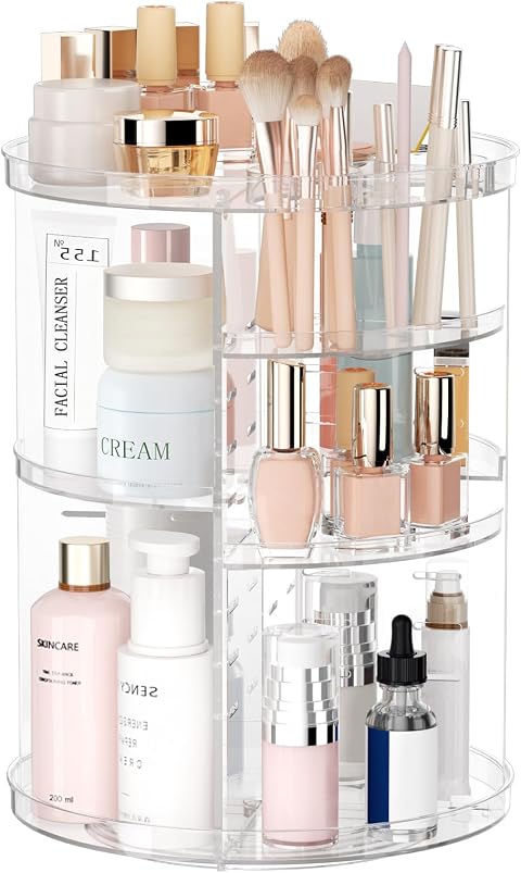 Rotating Makeup Organizer, DIY 8 Adjustable Layers Spinning Skincare Storage, Cosmetic Display Case with Brush Holder and Perfume Tray, Multi-Function Vanity Bathroom Countertop Organizer Clear