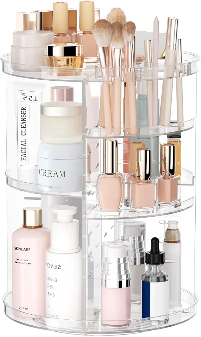 Rotating Makeup Organizer, DIY 8 Adjustable Layers Spinning Skincare Storage, Cosmetic Display Case with Brush Holder and Perfume Tray, Multi-Function Vanity Bathroom Countertop Organizer Clear