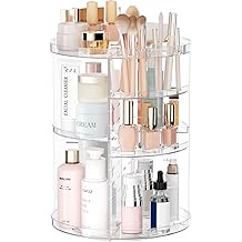 Rotating Makeup Organizer, DIY 8 Adjustable Layers Spinning Skincare Organizer, Cosmetic Display Case with Brush Holder Perfume Tray, Multi-Function Storage Carousel for Vanity Bathroom Countertop