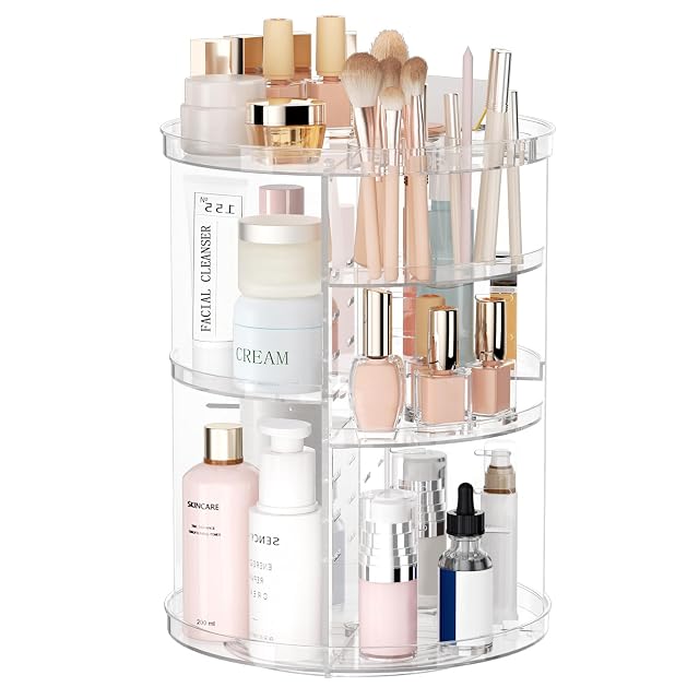 Rotating Makeup Organizer DIY 8 Adjustable Layers Spinning Skincare Organizer Cosmetic Display Case with Brush Holder Perfume Tray
