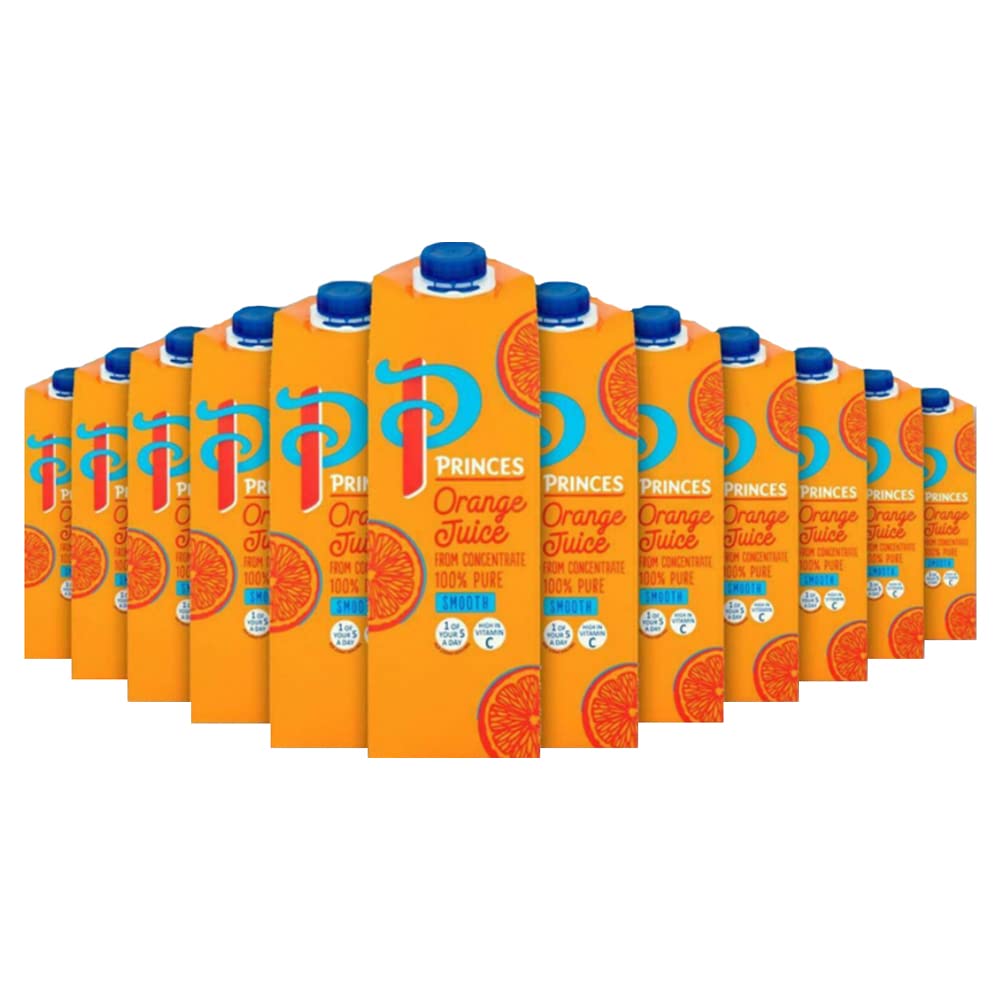 Princes 100% Pure Orange Juice from Concentrate Smooth 1L |Pack of 12 Orange Juice