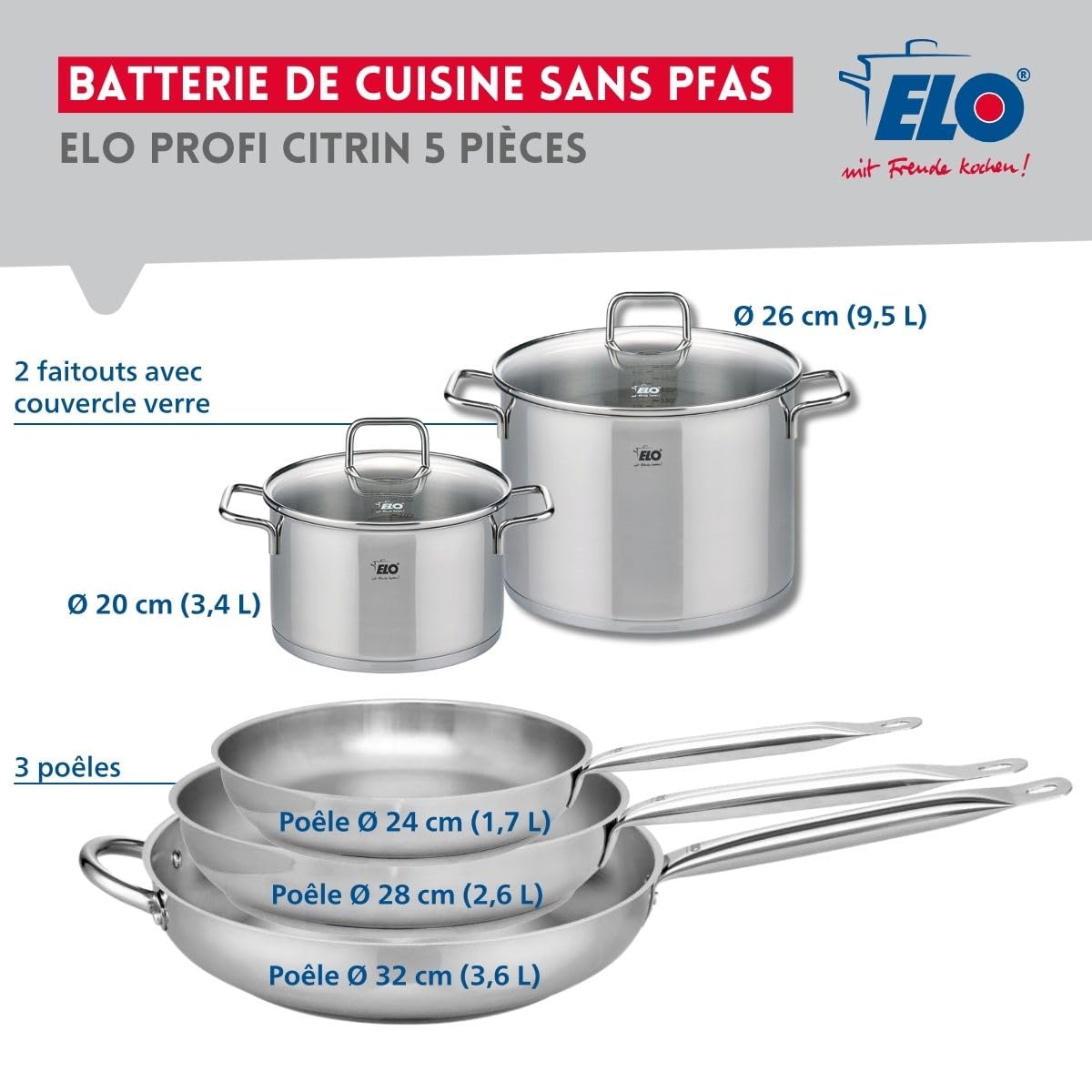 ELO 9512250 Kochgeschirr-Set, 5-teilig, 3-teiliges Kochgeschirr-Set 24, 28 und 32 cm und 2 Kochtöpfe 20 und 26 cm Elo Profi, Citrin, Edelstahl, Induktion