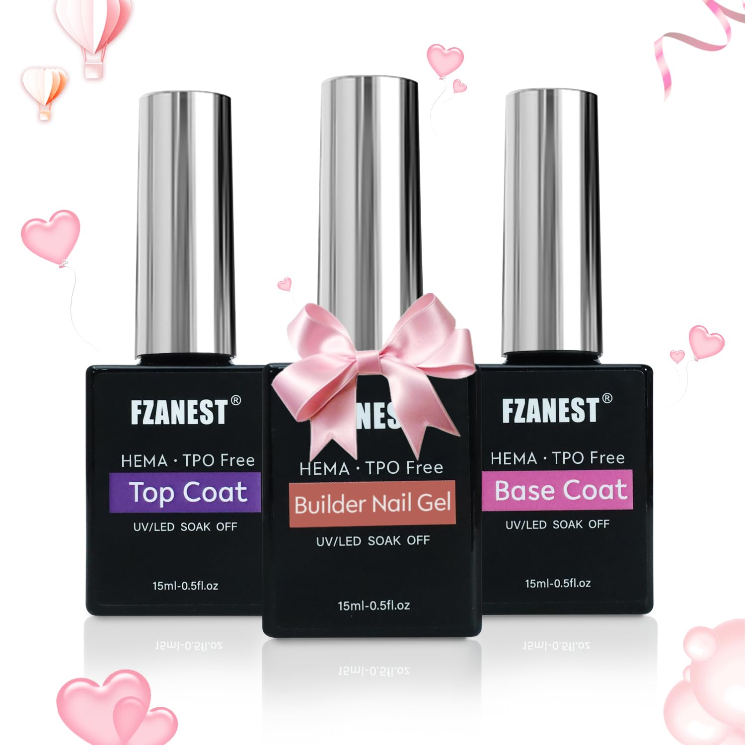 FZANEST Builder Nail Gel With Gel Top and Base Coat HEMA Free, 15ml * 3pcs Gel Nail Kit for Nail Thickening Apex Nail Extension Soak Off No Wipe Gel Top Coat Base Hard Gel Nails, LED Nail Lamp Cured