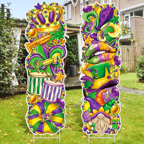 Cinnvoice 2 Pcs Mardi Gras Decorations Outdoor Carnival Mardi Gras Yard Sign with Stake Outdoor Lawn Decorations Waterproof Welcome Decor Party Yard Signs for Home Masquerade Garden Pathway Supplies