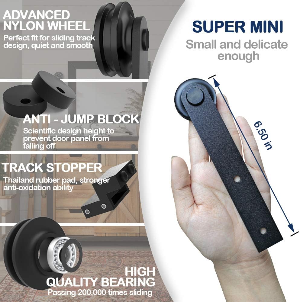 Black Friday - 60% OFF HAHAEMALL Super Mini Barn Door Hardware Kit 6ft-Double Door, Sliding Smoothly and Quietly, Used for Small Cabinet Barn Door Hardware Track Kit, Easy to Install, I Shape Hanger (NO Cabinet)