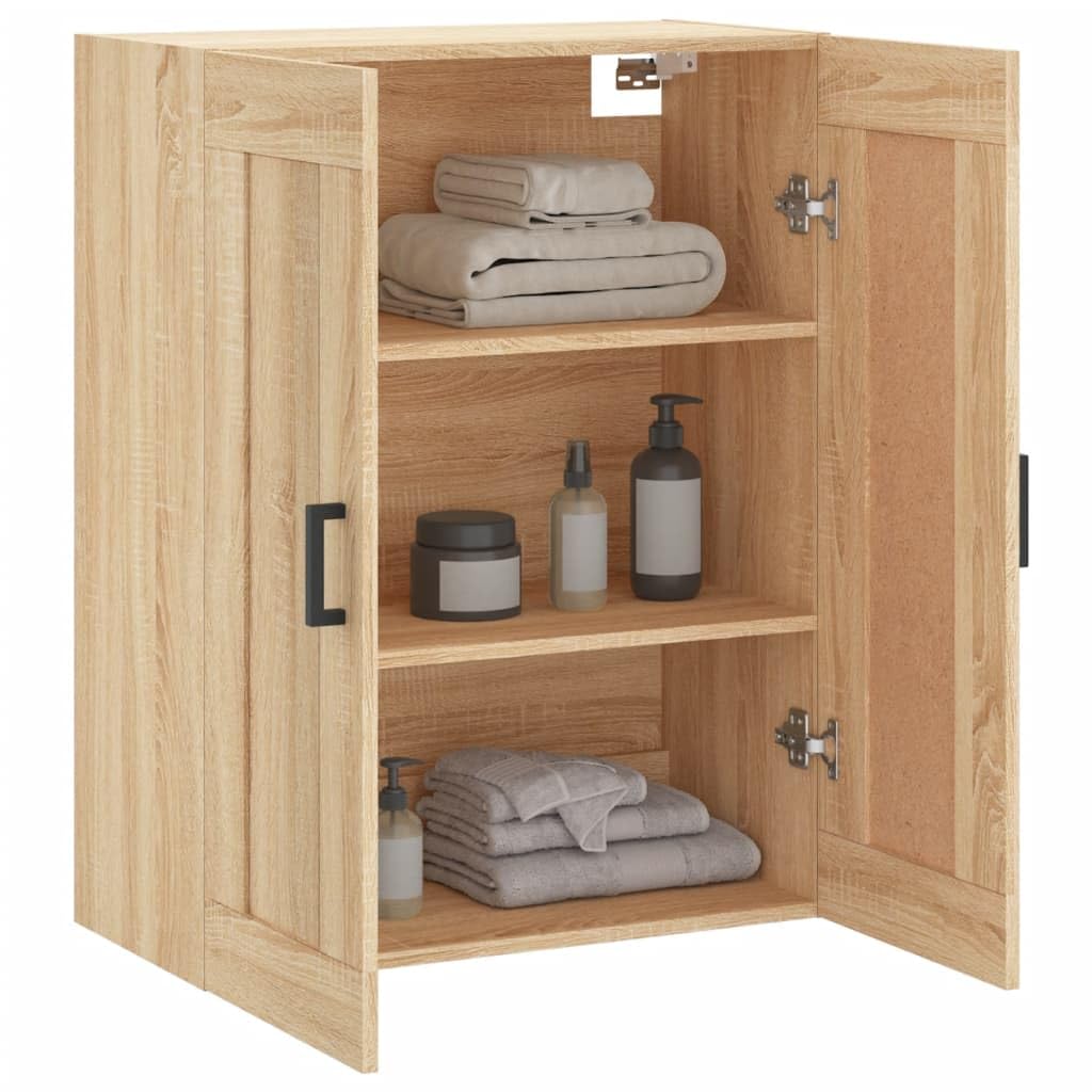 Armadio da parete Sonoma rovere 69,5 x 34 x 90 cm, in legno con 3 scomparti e 2 ante, moderna credenza sospesa con maniglie in ferro per soggiorno, camera da letto, corridoio e cucina