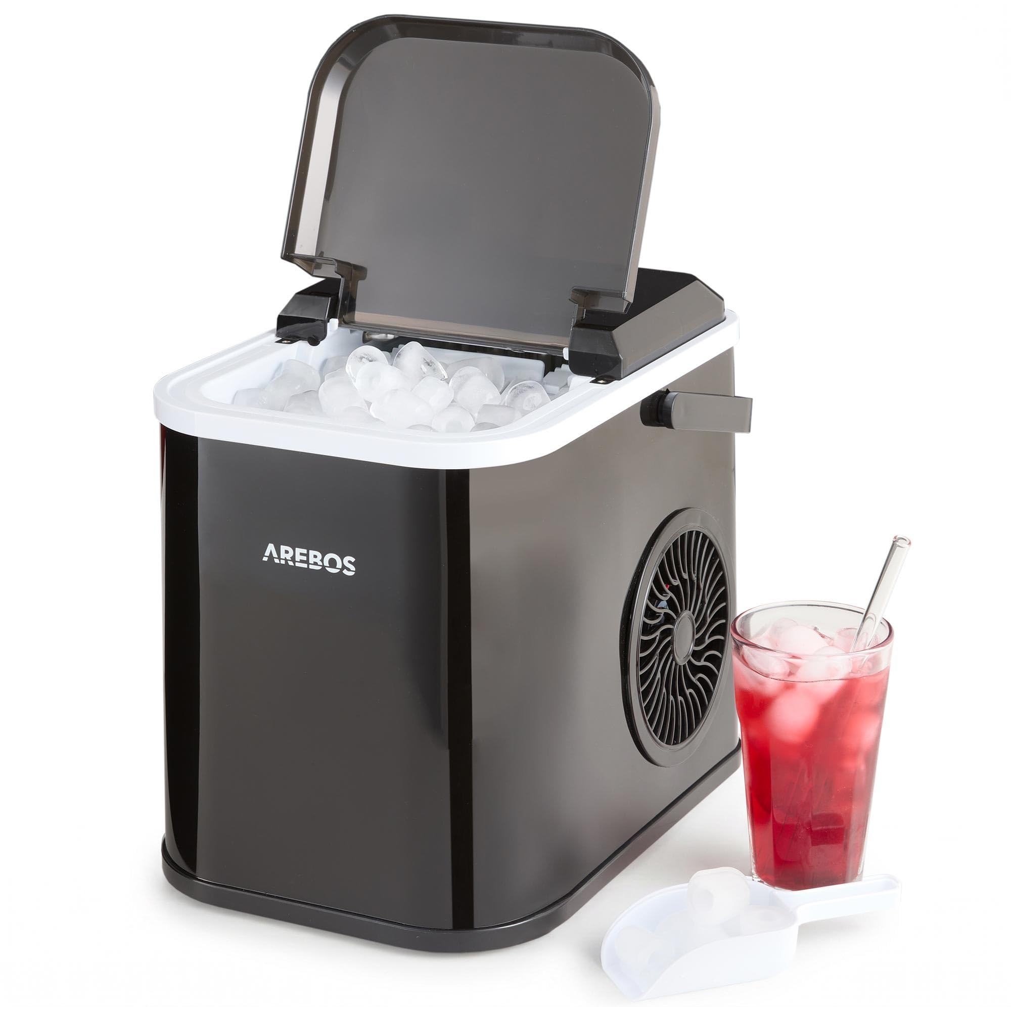 Arebos Fabbricatore di cubetti di ghiaccio | 12 kg / 24 h | Tempo di produzione di 10-15 minuti | Serbatoio dell'acqua da 1,1 litri | Silenzioso | Funzione autopulente | Nero