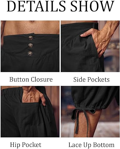 Miniatura 5 de Gafeng Pantalones piratas renacentistas medievales para hombre, disfraz colonial de caballero para Halloween, pantalones cortos con cordones LARP