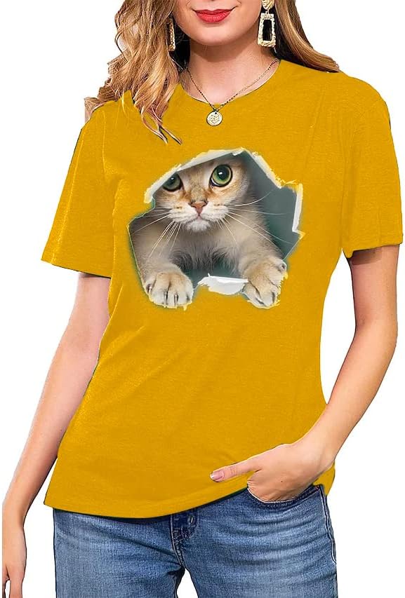 2022 Spring Summer New Women’s Tunics Round Neck Blouses Ladies Casual Cute Cat Animal T-Shirts