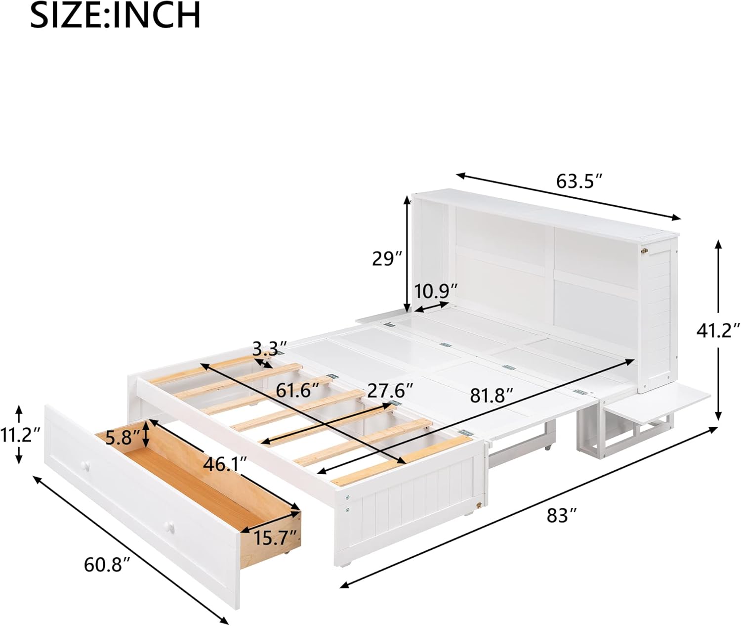 Modern Mobile Murphy Bed with Storage Drawer and Side Little Shelves, Solid Wood Foldable Platform Bed Frame Can Convert to Cabinet, Queen Size Murphy Bed for Guest Room Home Office