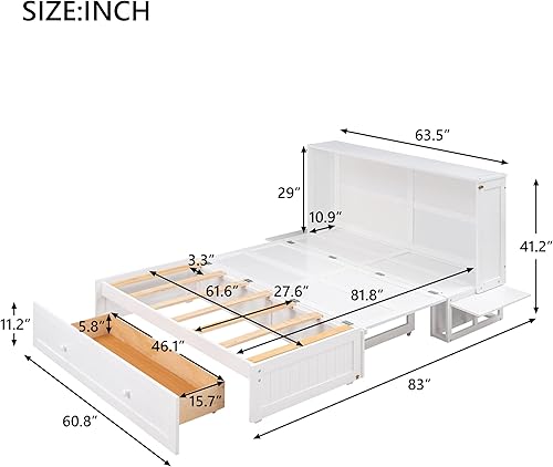 Miniatura 2 de QVUUOU Cama Murphy móvil tamaño Queen se puede plegar en un armario muebles de dormitorio marco de cama de madera de pino con cajones de