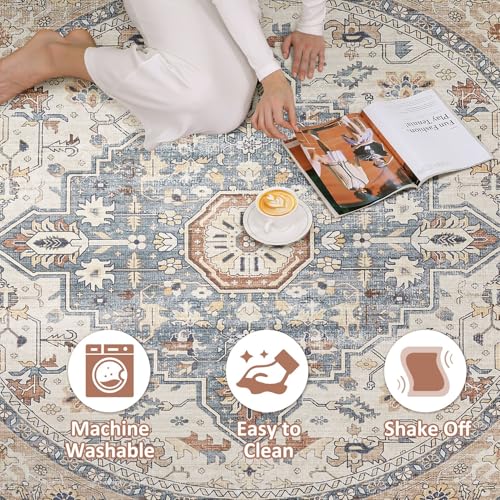 Round Rug Living Room Rugs: 5Ft Washable Boho Neutral Large Circle Soft Indoor Distressed Stain Resistant Floor Farmhouse Carpet for Bedroom Nursery Kids Playroom Office Dining Room Dorm- Beige Blue