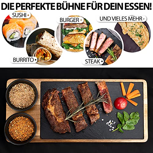 Foto von LIKAYA Steak- & Servierbrett 2er-Set aus FSC Akazienholz mit Schieferplatte & Dipschalen – Grillbrett für Steak, Burger, Sushi BBQ-Fans