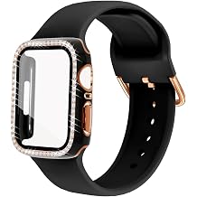 Silicone Bands and Bling Case Compatible with Apple Watch for Women | Soft Silicone Bands and Bling Diamond Case & Glass Screen Protector for iWatch 38mm 40mm 41mm 42mm 44mm 45mm