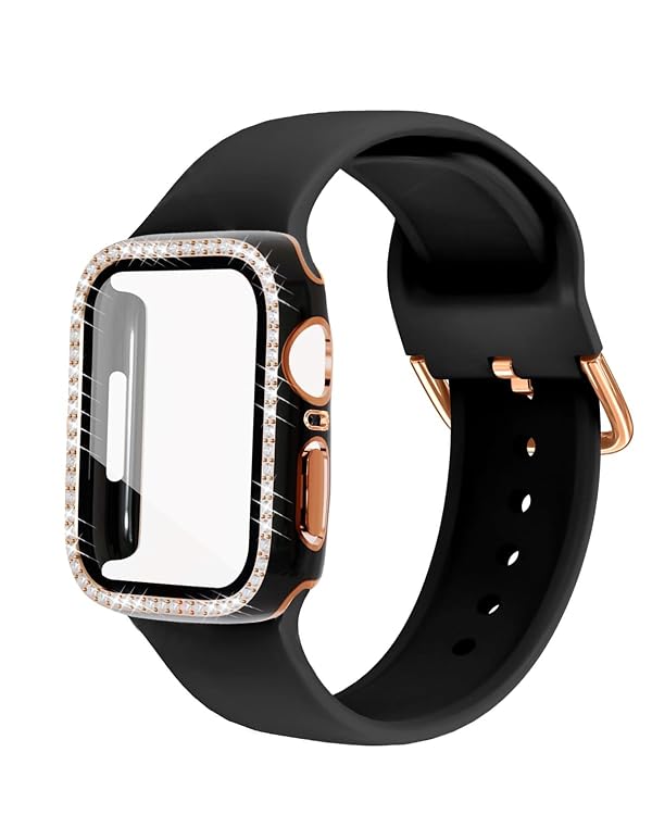 Compatible with Bling Apple Watch Band 38mm 40mm 41mm 42mm 44mm 45mm for Women, Soft Silicone Strap with Glitter Diamond Case + Glass Screen Protector for iWatch Series 9 8 7 6 5 4 3 2 1 (44mm, Black) by BandSmith - Used condition - US$8.09