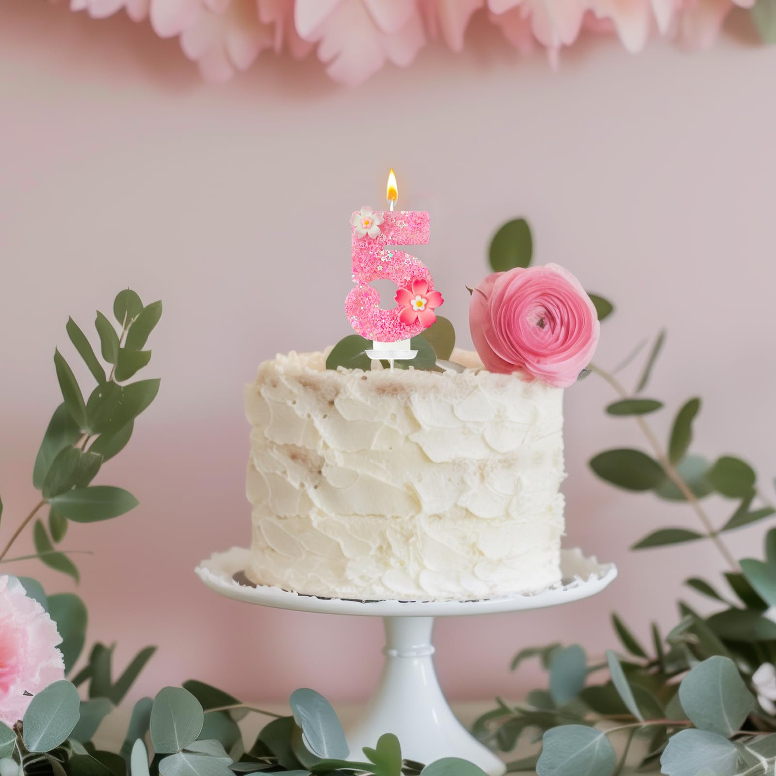 Vela de cumpleaños de flor rosa, velas de cumpleaños número 5 para pasteles, decoración ideal para fiestas de cumpleaños, aniversario de boda y otras celebraciones (flor 5)