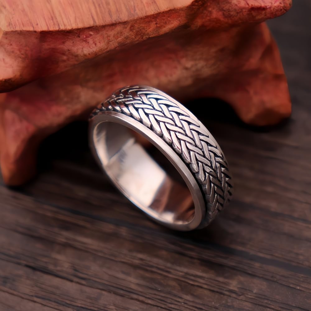 Bague tressée en Argent Sterling 925, Anneau Rotatif, Anti-Stress, anxiété, pour Hommes et Femmes, Taille 7,5 à 11,5