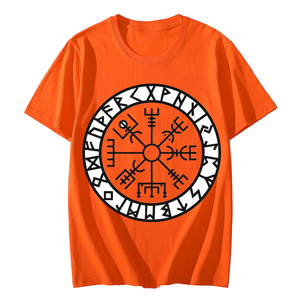 T-Shirt Viking Homme Orange L Graphique Boussole Runique Manches Courtes