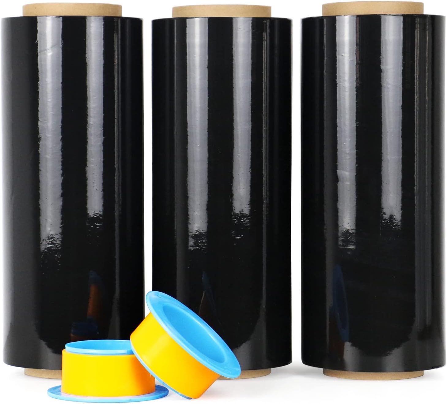 BOMEI PACK Black Stretch Wrap Industrial Strength with Plastic Handle 12" x 1000 Feet 80 Gauge 3-Pack, Black Shrink Wrap, Self-Adhering Black Plastic Wrap for Shipping, Moving