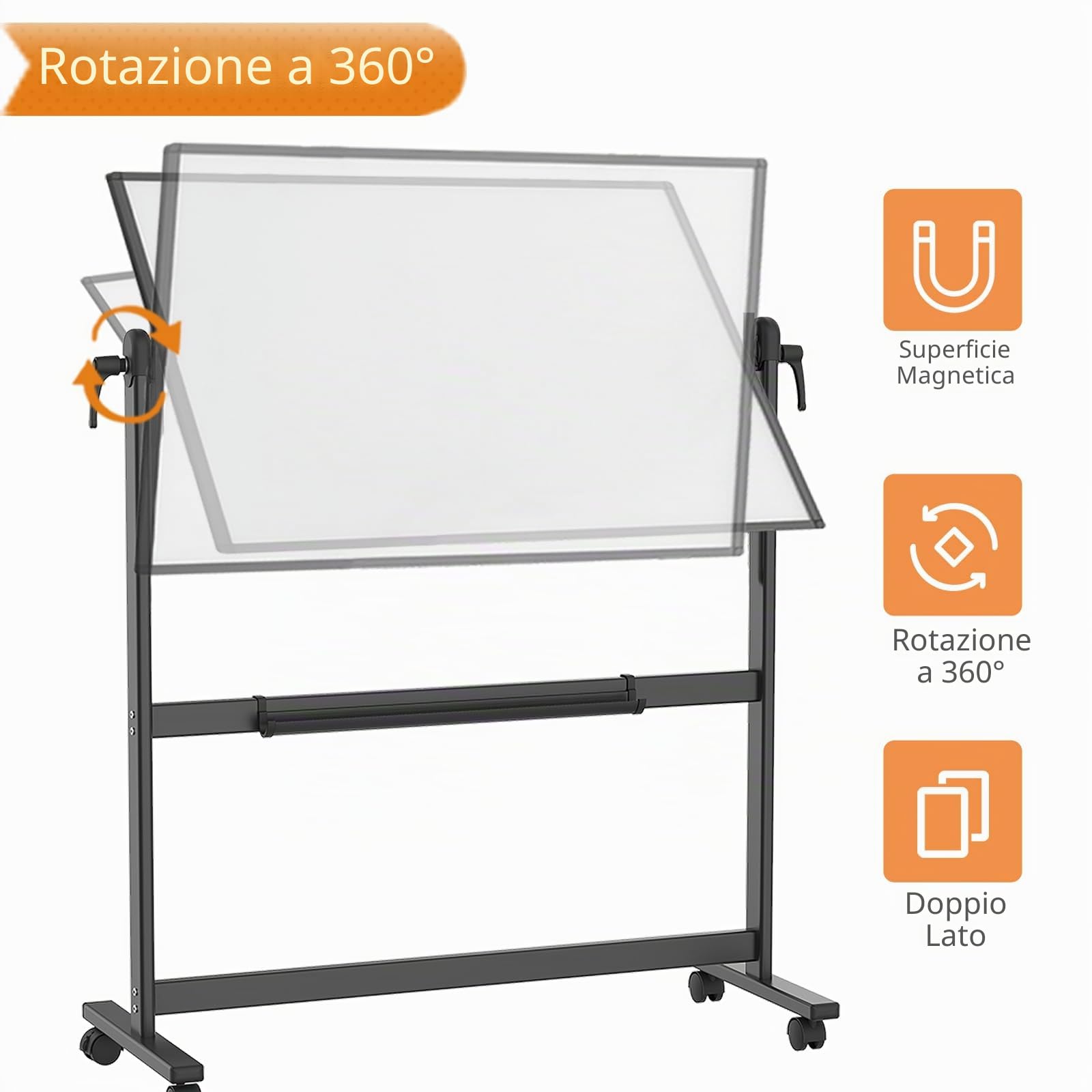 VIZ-PRO Lavagna Mobile Magnetica Fronte-Retro, 120 x 90 cm, Telaio e Supporto in Alluminio Nero