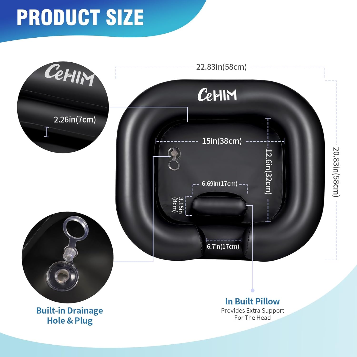 Black Inflatable Shampoo Basin - Stain-Resistant Portable Shampoo Bowl for Bedridden, Elderly, Disabled - 15in Inner Hair Washing Basin for Home Care image 3