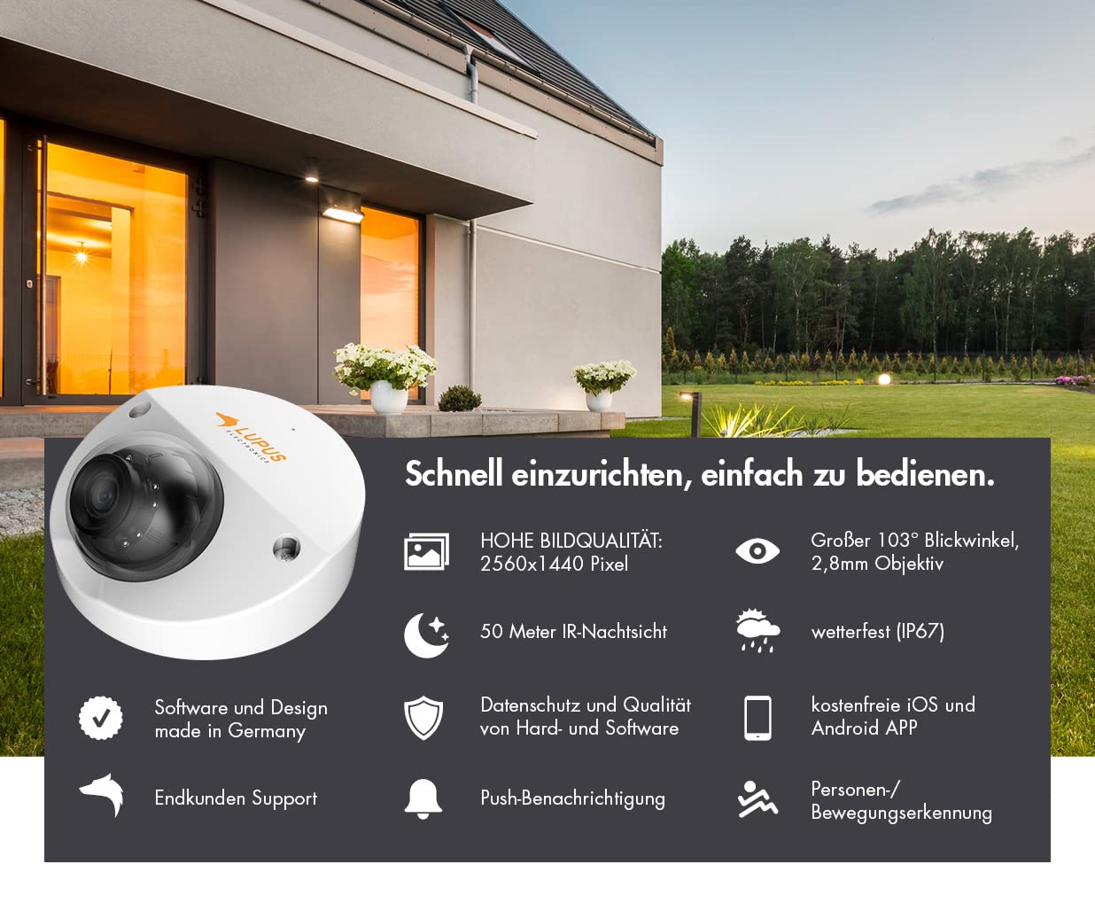 Lupus LE228 IP Dome Kamera mit PoE, Überwachungskamera aussen, SD Aufzeichnung, Deutscher Hersteller, Personenerkennung, 50m Nachtsicht, Metallgehäuse, inkl. PC/MAC-Software, Ver. 2021