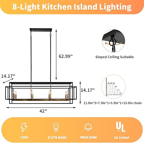 Miniatura 2 de WJShome Modern Farmhouse Dining Room Lighting Fixture, Gold 8 Light Kitchen Island Pendant Lighting, Industrial Linear Chandelier, Candle