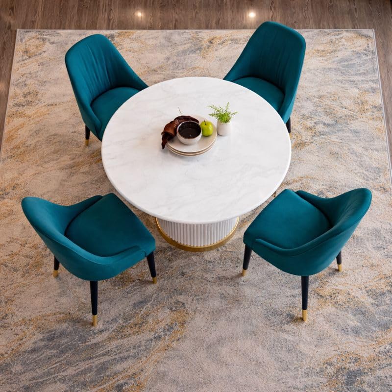 Image of 4 Seater Dining Table Set with 4 Chairs,2yr Warranty - Round Marble Dining Table (91x91x76 cm) - White Marble Top, Solid Wooden Base, Upholstered Chairs with Sheesham Wood Legs - Sea Blue