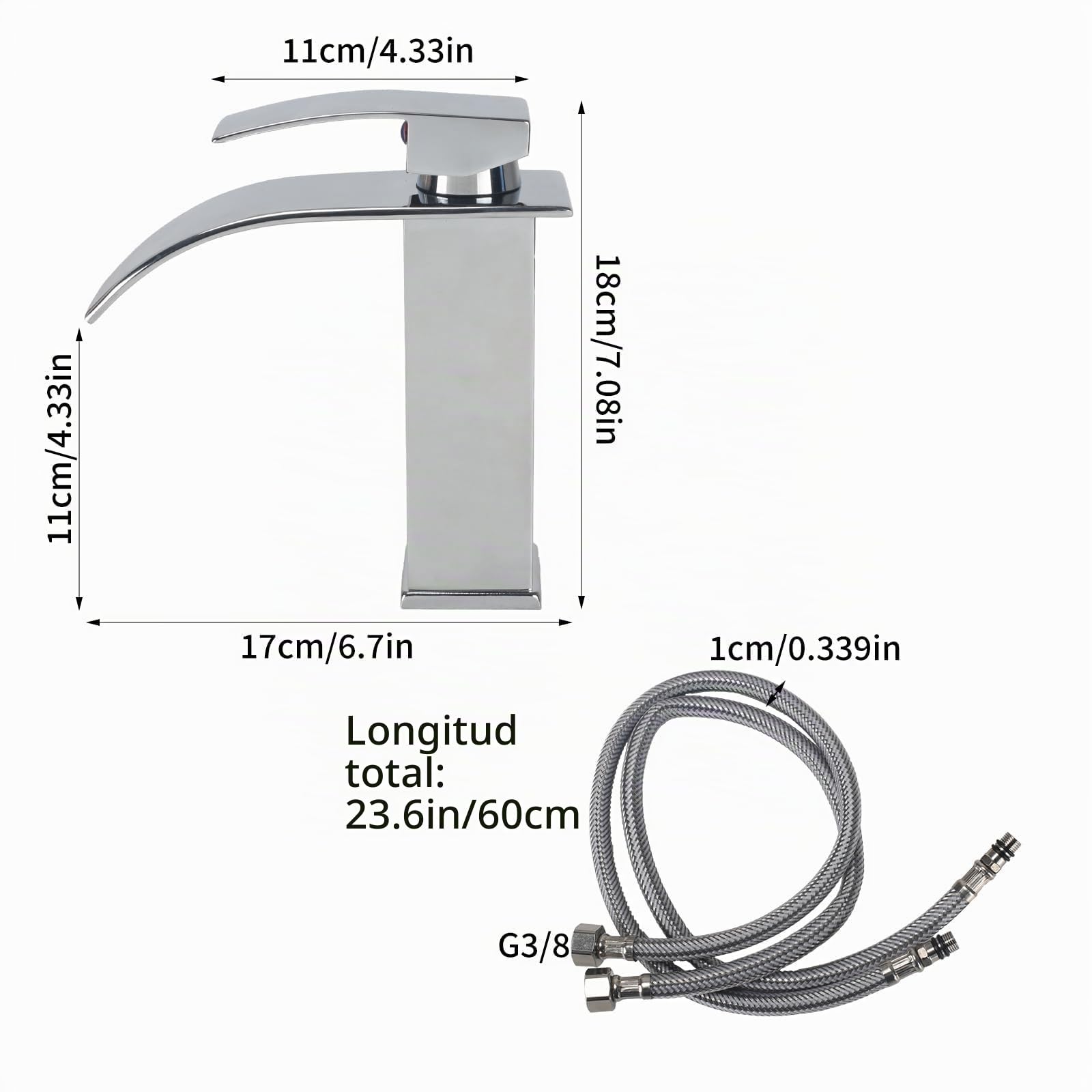 Grifo Lavabo Cascada Grifo de Lavabo Baño Grifos para Lavabos de Baño Grifo Monomando Lavabo con Altura de Pico de 110 MM Grifo Cascada con manguera de Salida Caliente y Fría Plateados(Cromo)