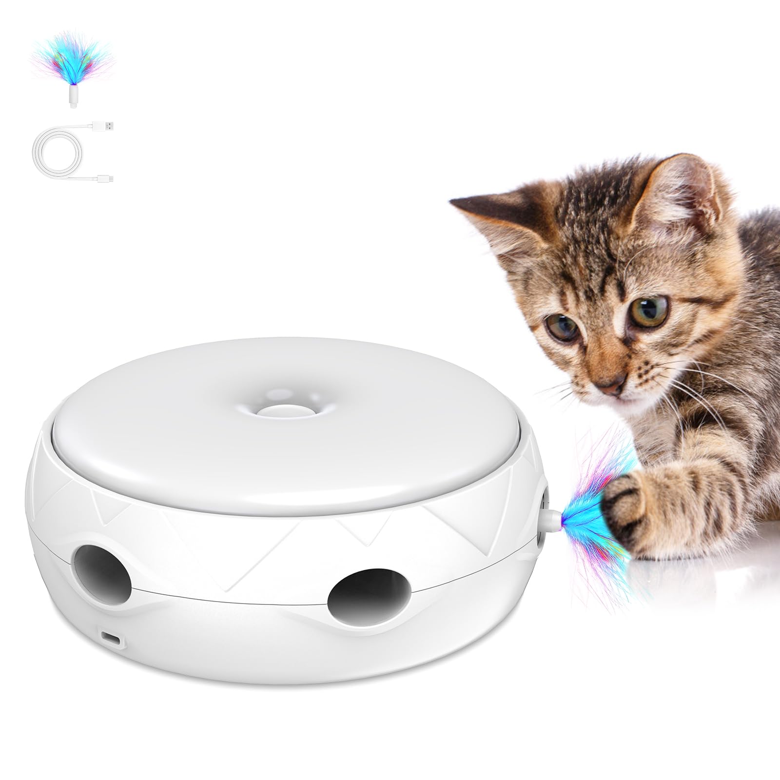 PETTOM Juguetes Gatos con 2 Plumas, Juguetes Interactivos para Gatos 3 Modos Juguete para Gatos Automático Giratorio Inteligente Cat Toys, Baterias Incluidas
