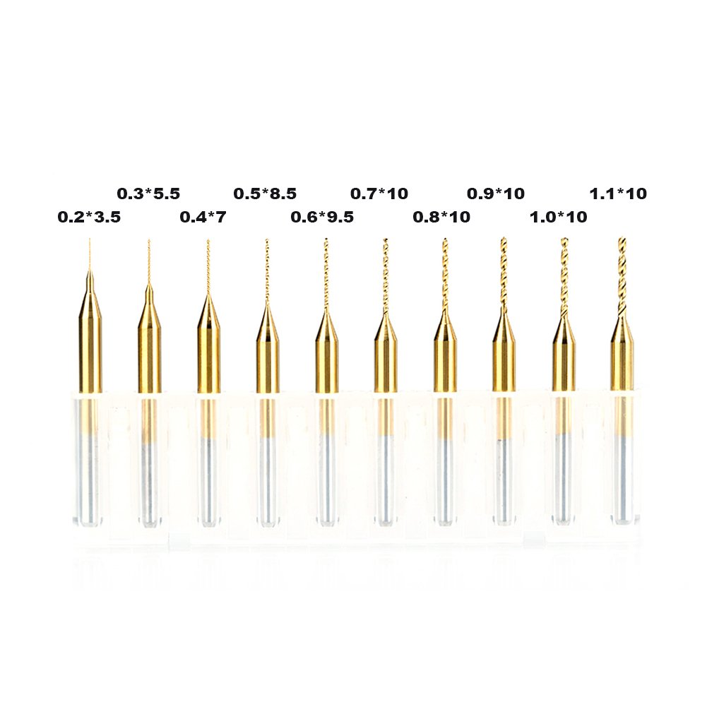 HUHAO 10pcs Micro Drill Bits Set, 0.2mm-1.1mm, 1/8" Shank Spiral Flute CNC Router Bits PCB Mini Drill Bits for Circuit Board Stone Jewelry CNC Engraving