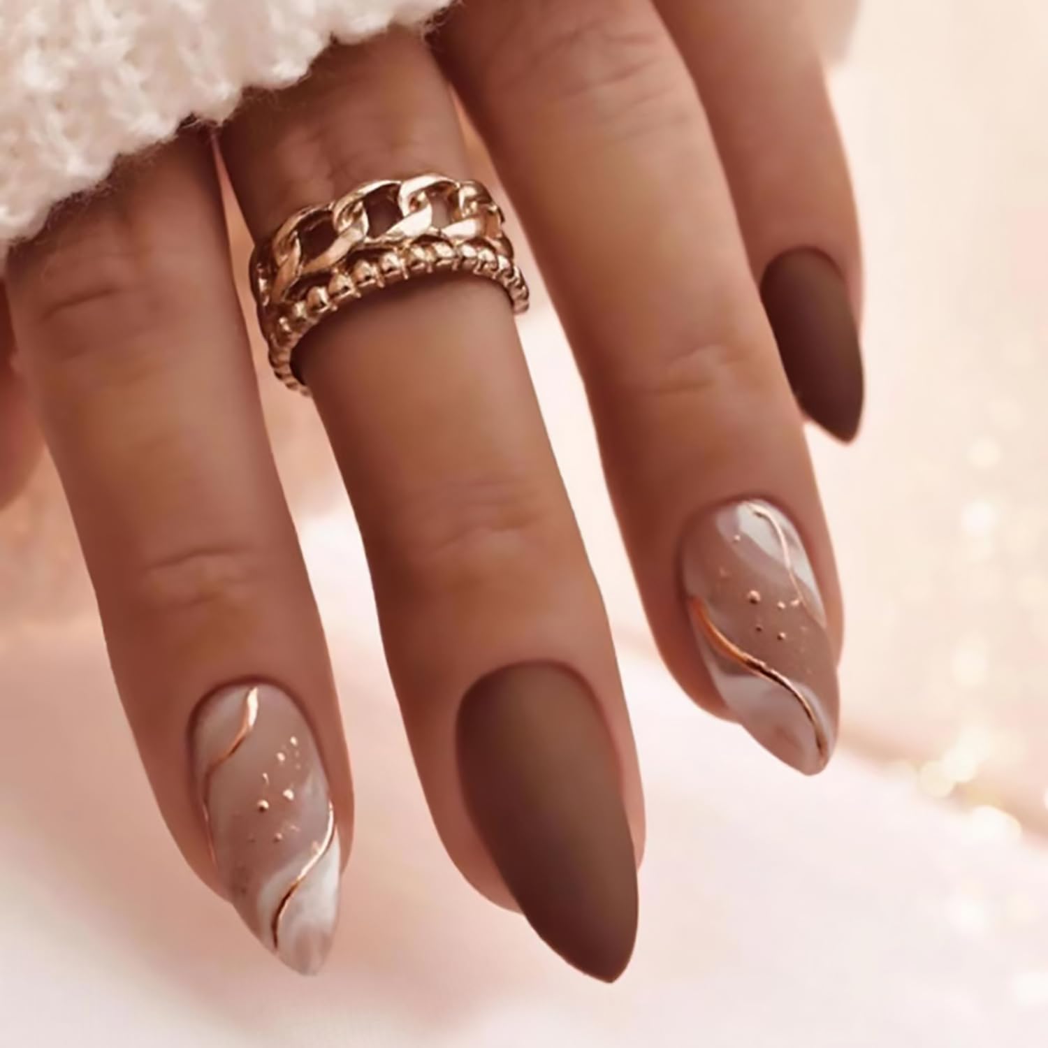 Tyuimhx Medium Press on Nails Almond Fake Nails With Gold Line Designs Brown Matte False Nails Full Cover Stick on Nails Reusable Artificial Nails
