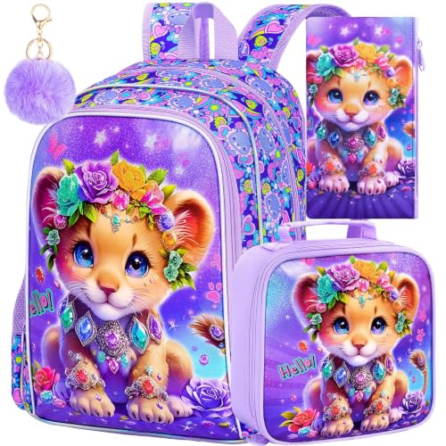 Image of 3Pcs Backpack for Girls, 16 inch Kids Bookbag with Lunch Box,Lion School Backpacks for Elementary Preschool Kindergarten (Purple)