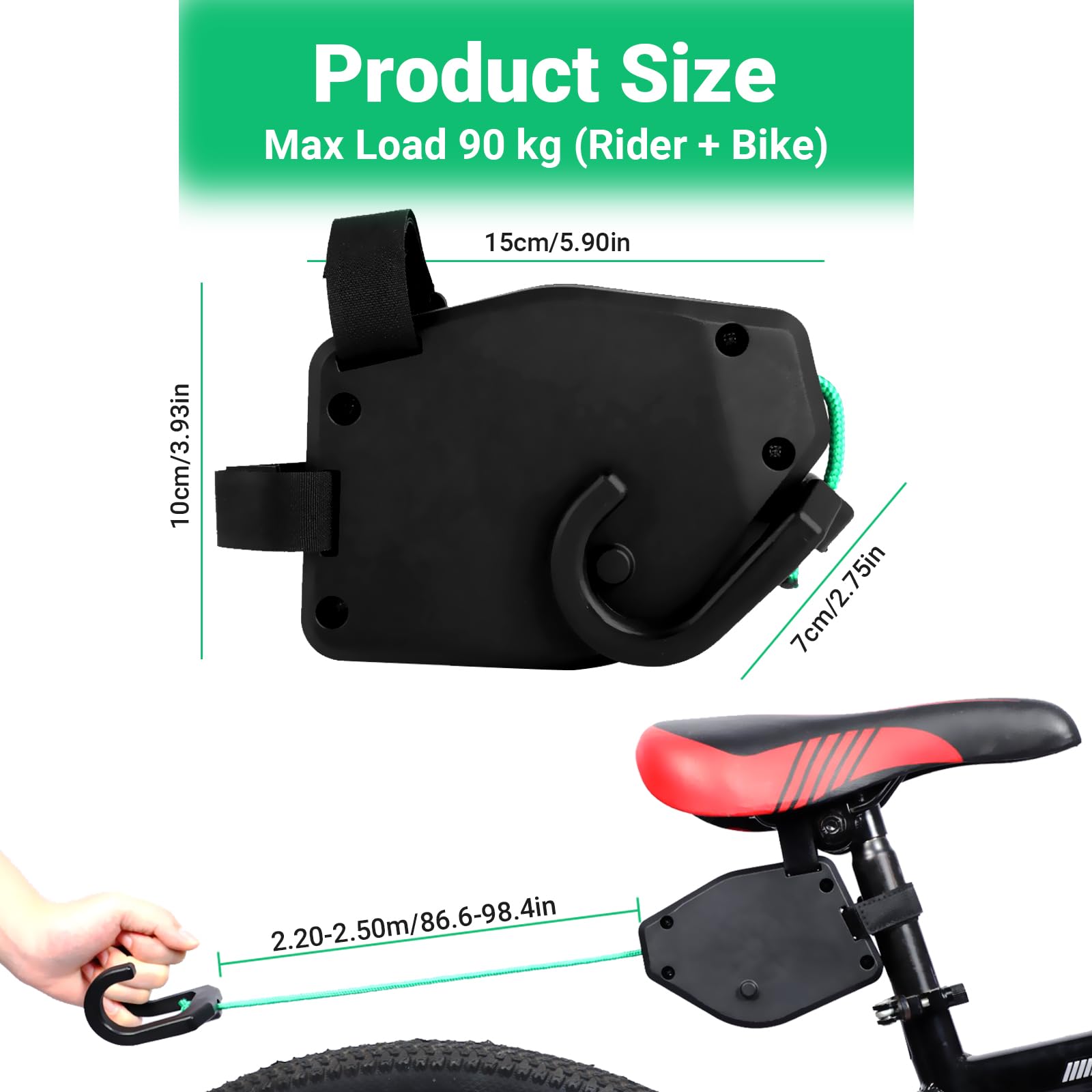 Linka holownicza dziecięca – lina holownicza 2,5 m – system Follow Me do rowerów MTB, szosowych i dziecięcych – pasuje do wszystkich rur rowerowych, czarna