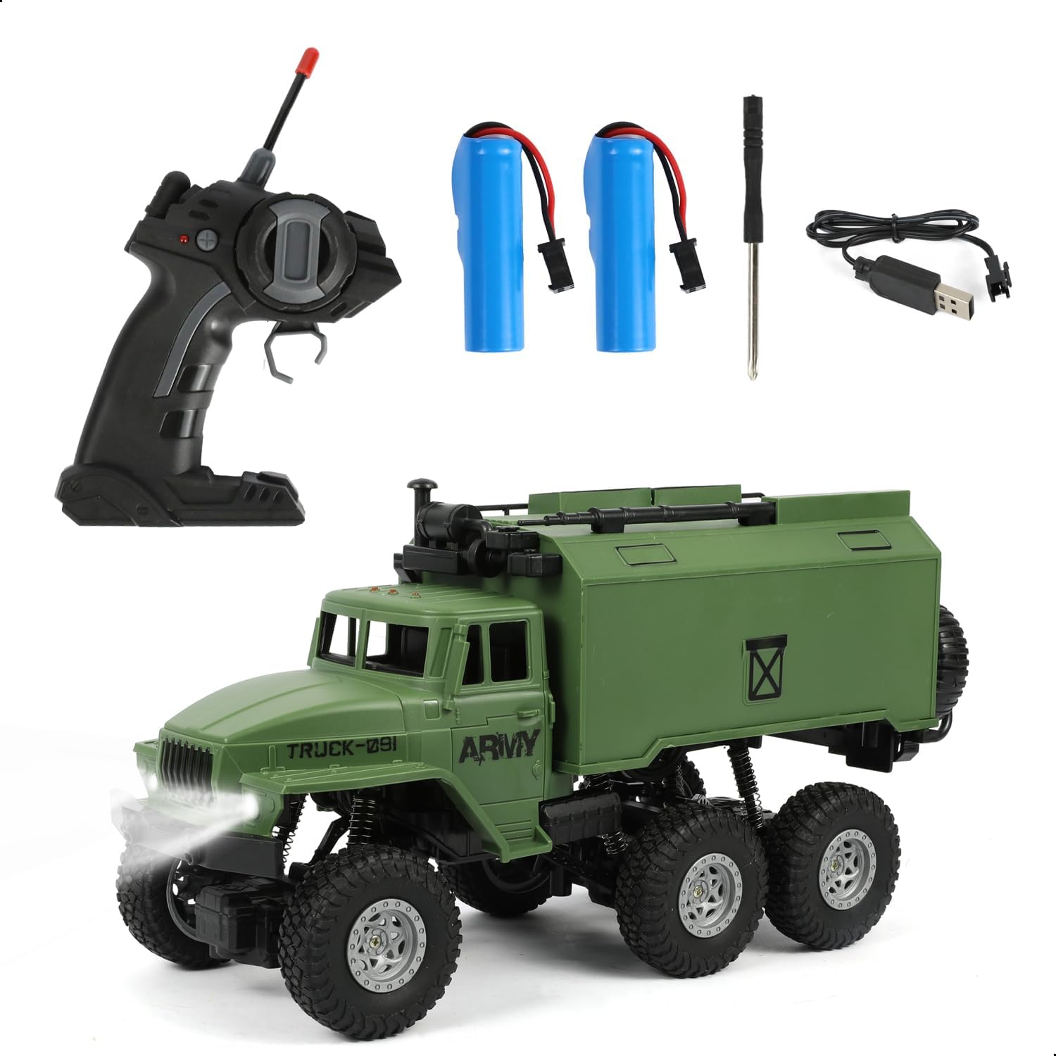 1:16 RC Military Truck 6x6 Off-Road Remote Control Car Vehicle 50 Min Playtime 2.4Ghz 4WD Off-Road Vehicle All Terrain Toy with LED Lights Gift for Kids
