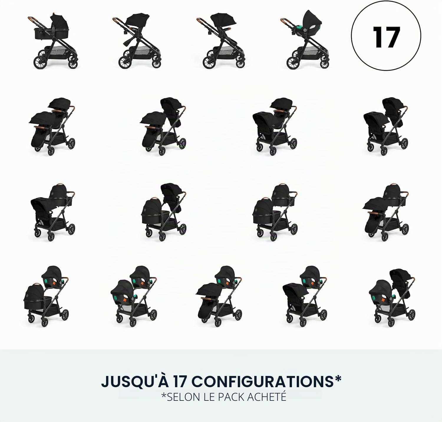 Système de voyage Ickle Bubba Virgo Twin 18 pièces avec sièges auto i-Size Cirrus et base ISOFIX, adapté de la naissance à 15 mois – poussette tandem et accessoires (Noir)